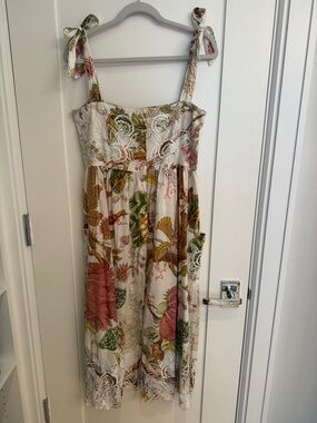 Juliet Dunn Floral Tie-Shoulder Midi Dress in Cream with Green & Pink